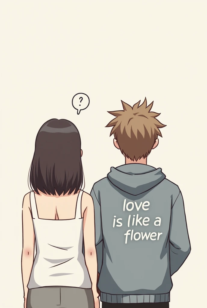 A casual and relaxed image featuring two people standing next to each other. The person on the left is a woman wearing a white sleeveless top and has straight, shoulder-length hair. The person on the right is a man wearing a hoodie with the text ‘LOVE IS LIKE A FLOWER’ printed on it. The background is plain and minimalist.”