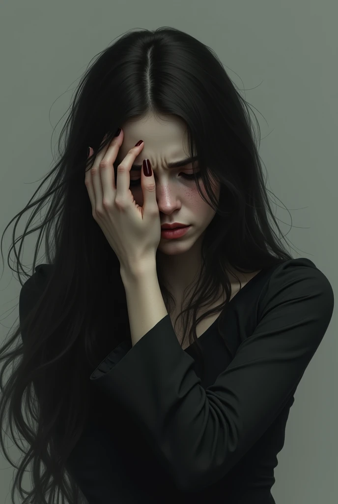 Alone women face full of sadness and crying . long hair Waring black dress. With covered hand