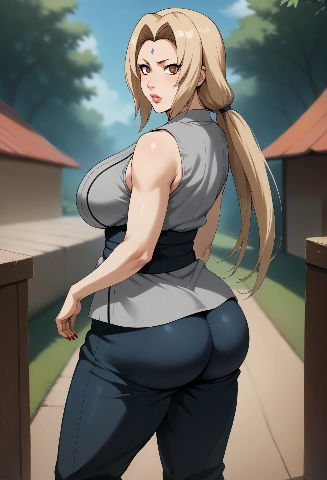 score_9, score_8_up, score_7_up, BREAK, score_9, Lady Tsunade, Tsunade Senju, granny Tsunade, ChopioTsunade, blonde hair, long hair, big lips, plump lips, low twintails, hair tie, brown eyes, forehead mark, pink lipstick, mature female, milf, K-cup size breasts, large breasts, huge butt, red nails, outfit_2, grey kimono, sleeveless kimono, collarbone, blue obi, blue pants, solo, 1girl, looking at viewer, curvy body, thick body, curvy, small waist, b cowboy huge butt, shot, ass, ass covered by her pants, pants slipping slightly down, showing bare buttcrack slichtly, big ass, huge breasts, big breasts, thick thighs, wide hips, from behind, forest