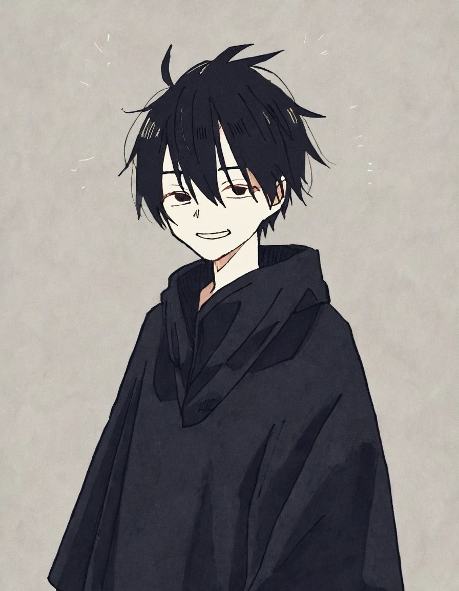 by tsvbvra, 1 boy, solo, , 1 boy, solo, , 1 boy, solo, simple background, black hair ,simple background, simple background,  be smirked, heavy bangs, bangs,  black poncho,   black poncho, black poncho, black poncho, eyes half-opene ,looking sleepy, eyes half-opene ,looking sleepy, eyes half-opene, eyes half-opene, eyes half-opene, eyes half-opene, eyes half-opene, eyes half-opene, eyes half-opene, eyes half-opene、Photo from a far, a grin