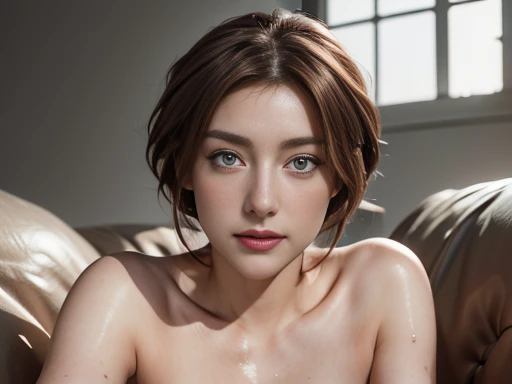 ((No NSFW)), ((((masterpiece, best quality, high resolution)))), Ray tracing, golden ratio, shadow not dark, Extremely detailed 8K, Beautiful girl with voluptuous body, (Ultra HD, Ultra-detailed, Highly detailed, Highly realistic, Ultra-realistic, photograph realistic), (1 girl:1.5), (Realistic red hair), (wavy bob cut hair, hair ornaments, earrings), (dynamic poses), facing at camera, looking at viewer, (blushing red, embarrassed, smile), (hazel eyes, sharp eyes, big eyes, eyes same size), (round and bouncy small breasts, perky breasts:0.8, breasts same size), anatomically correct areolas and nipples, (beautiful detailed face, beautiful detailed eyes), (sitting on couch with female model's legs wide apart), (dark lush pubic hair, detailed vulva taht is swollen with sexual excite, detailed crotch), sweat, very wet body by sweat, glow, [[[[(sunbeam, sunlight),]]]] ((Head shot of female model with full naked body, from her head to her neck)), bedroom, seductive. ((Her face in focus, eye contact, front view, center, nude_body from her head to her hips, finely detailed eyes, finely detailed Gorgeous face, perfect face proportions, masterpiece:1.8, best quality:1.8, (head is in the center of the screen, Closeup of her head).))