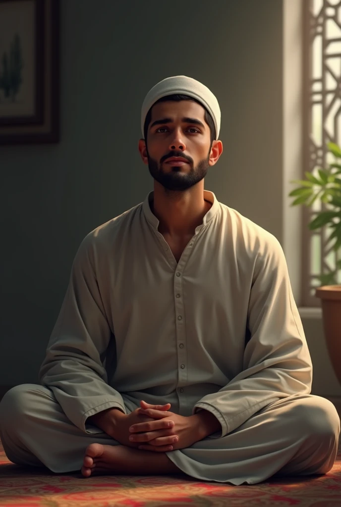 Muslim man wakes up in the morning black hair, Closed lips,