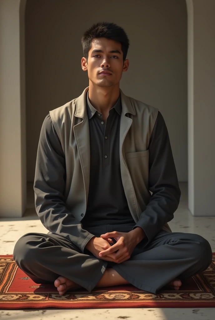 Muslim man wakes up in the morning black hair, Closed lips,