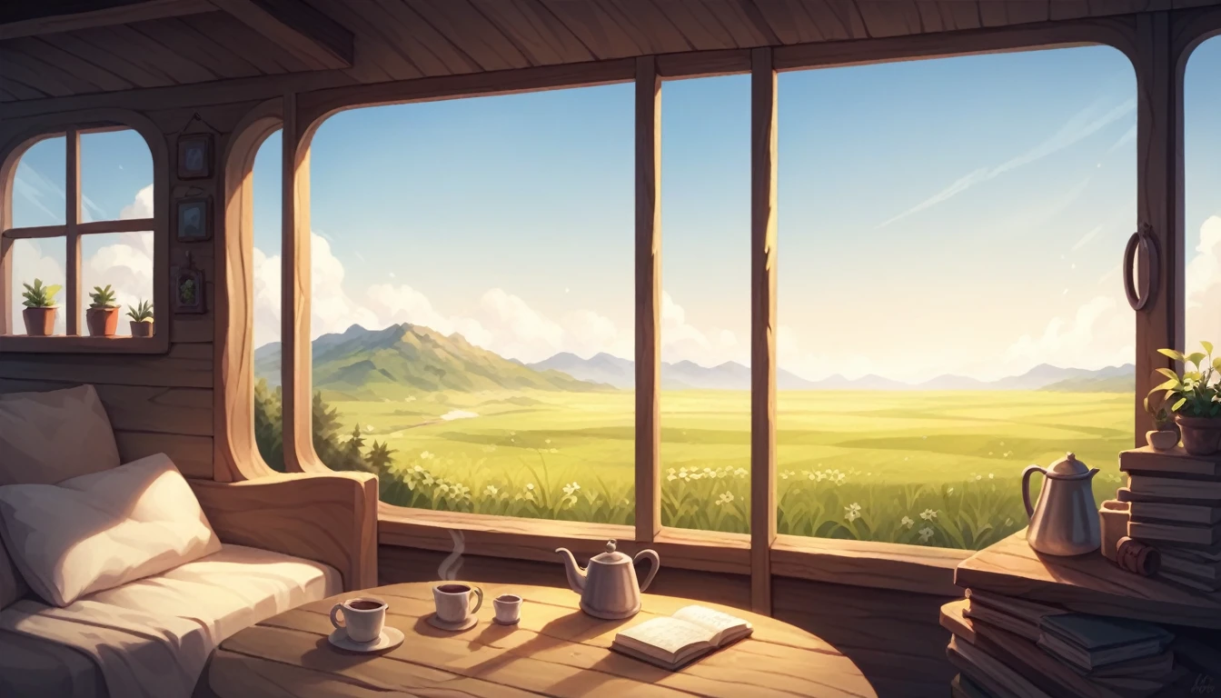 A cozy and relaxed scene inside the back of a yellow camper van with its doors wide open, revealing a breathtaking outdoor view of a grassy field and distant mountains under a clear blue sky. The van is set up for a peaceful day, with soft blankets and pillows arranged for comfort. A small wooden tray holds candles, a coffee pot, and a book, adding to the serene atmosphere. Overhead, a storage rack holds various items, and there is a hanging decoration with books or postcards. The overall mood is peaceful, calm, and inviting, perfect for a restful day in nature.