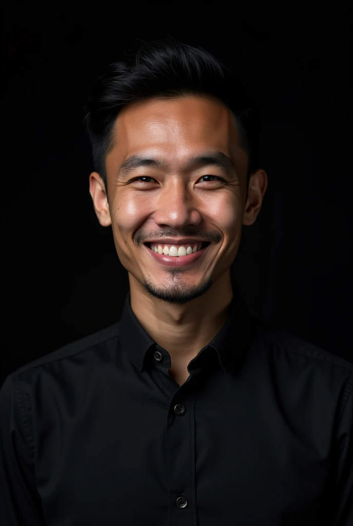 Create a contrasting portrait of a mixed Indonesian-European man with a confident and calm with small smile expression who is a successful consultant. He is looking straight ahead, the background should be completely black so that the subject stands out. His face is well-lit, his facial features well-defined. wearing fashionable clothes. The overall mood should convey subtle sophistication and intensity.