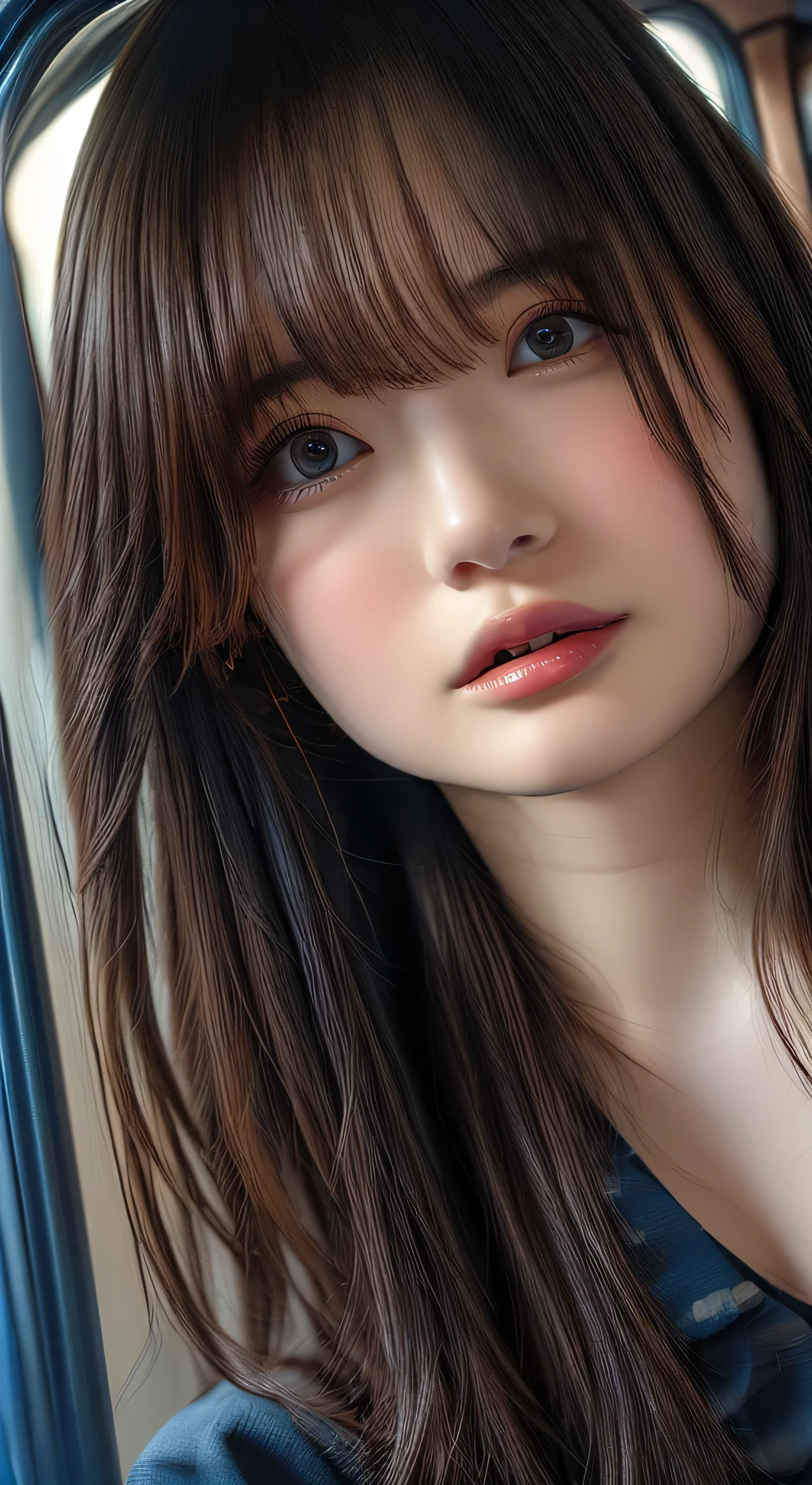 Highest quality, masterpiece, Ultra-high resolution, (reality: 1.4), Original photo, One Girl, mature, White JK, Smile, short hair, ((Very huge face bigger breasts:1.65)) , Plump body, Button gap:1.5, sit in a train seat, Cinema Lighting, Horizontal sheet, View from the train window