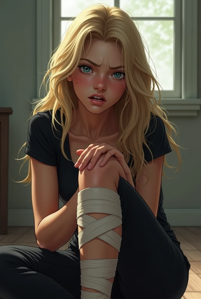 A beautiful girl with long blond hair and blue eyes. The girl has a bandage on her leg. Ma czarne spodnie i top. The girl's face shows pain. Realistic 18yo