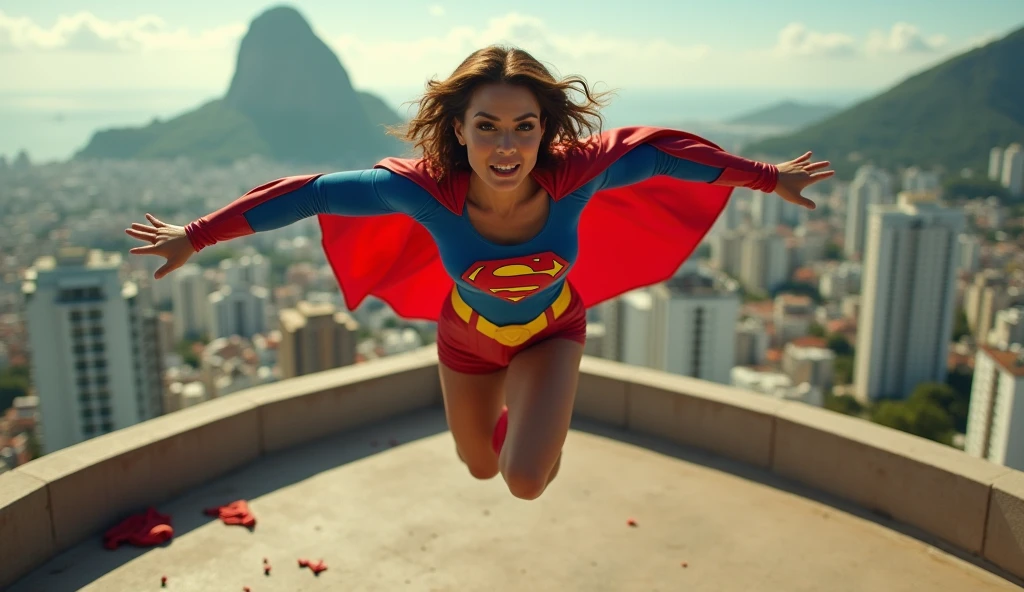 super breasts; Paula Patton Supergirl 1984s movie costume; saving the world; posição de levantar vôo; braços esticados para cima; taking off from a roof (worn clothes on the ground); floating towards the Centro da Cidade- Rio de Janeiro sky; HD. Photograph, ((realism)), extremely high quality RAW photograph, ultra detailed photograph, sharp focus, high resolution, (detailed skin:1,3),high quality, film grain, Fujifilm XT3,Highly Detailed, movie, (Cinematic Photo:1.3) of (Realistic:1.3). Super breasts.