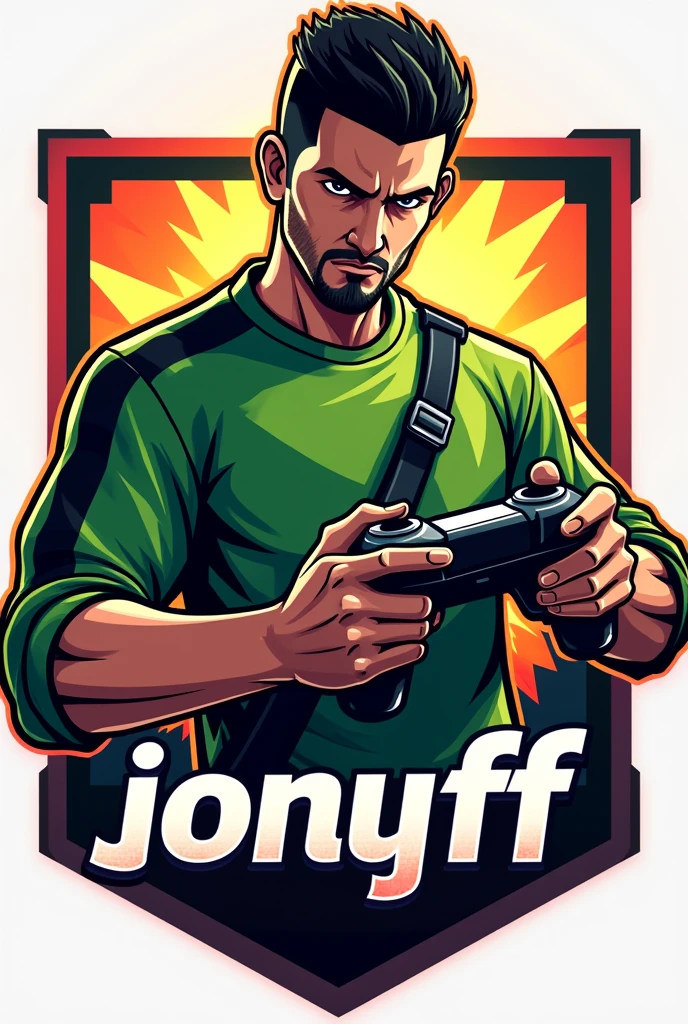 Create me a logo for free fire of a man with a green shirt with black stripes holding a gamer stick and that says JonyFF below
