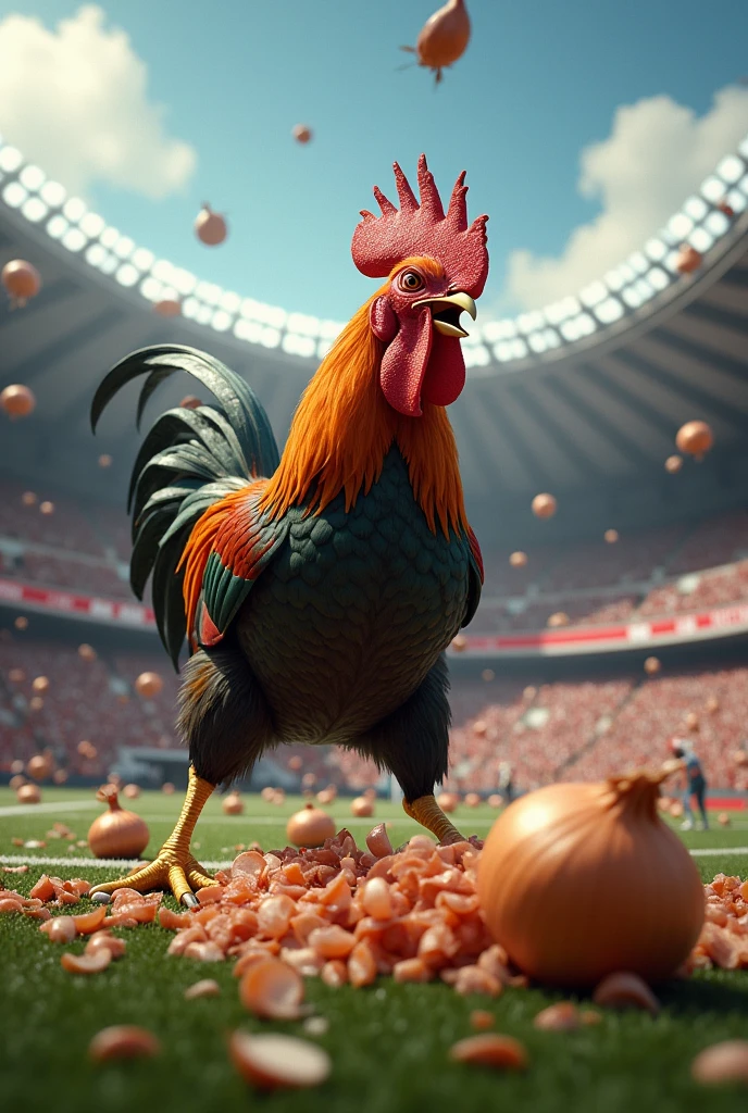 Angry rooster destroying onions inside a football stadium.