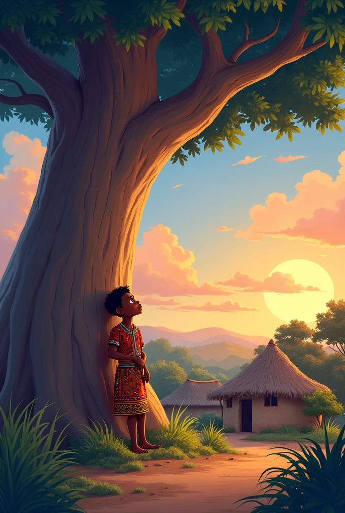 Create African cartoon looking up the sky at dusk. He should be . Learning against a baobao tree in village setting 