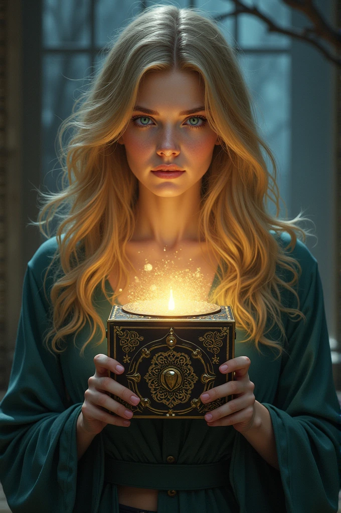 Young woman, blue eyes, blond hair, enigma mistery box
