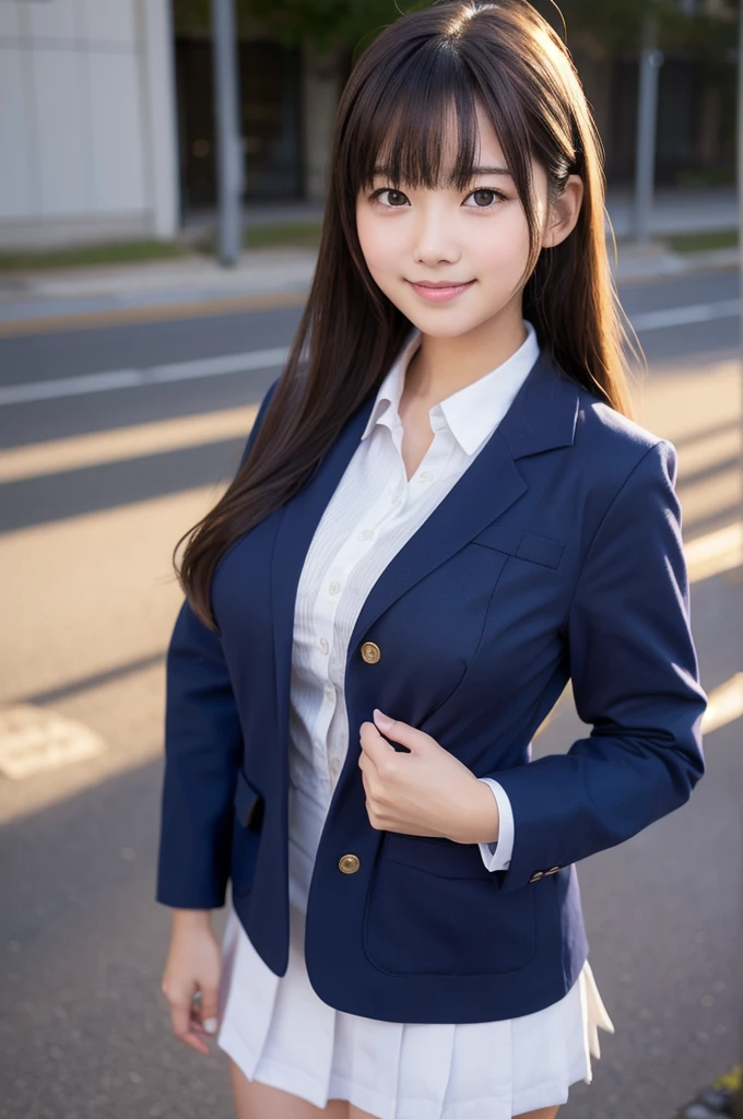 bangs,(Large Breasts:1.2),(Highest quality,masterpiece:1.2),one person,one person,alone,Fair skin,8k,Ultra-high resolution,Super detailed,Highest quality,Look down at the viewer,Perfect lighting,flat light,super high quality,Ultra-high resolution,masterpiece,Realistic,Detailed face,Perfect ???????,School,school uniform、Various gravure poses、Slender body、Young face、smile、Sweating、((Flushed Cheeks)、whole body、Please wear a perfect blazer school uniform.、Beautiful feet、Baby Face、Various poses、Various hairstyles