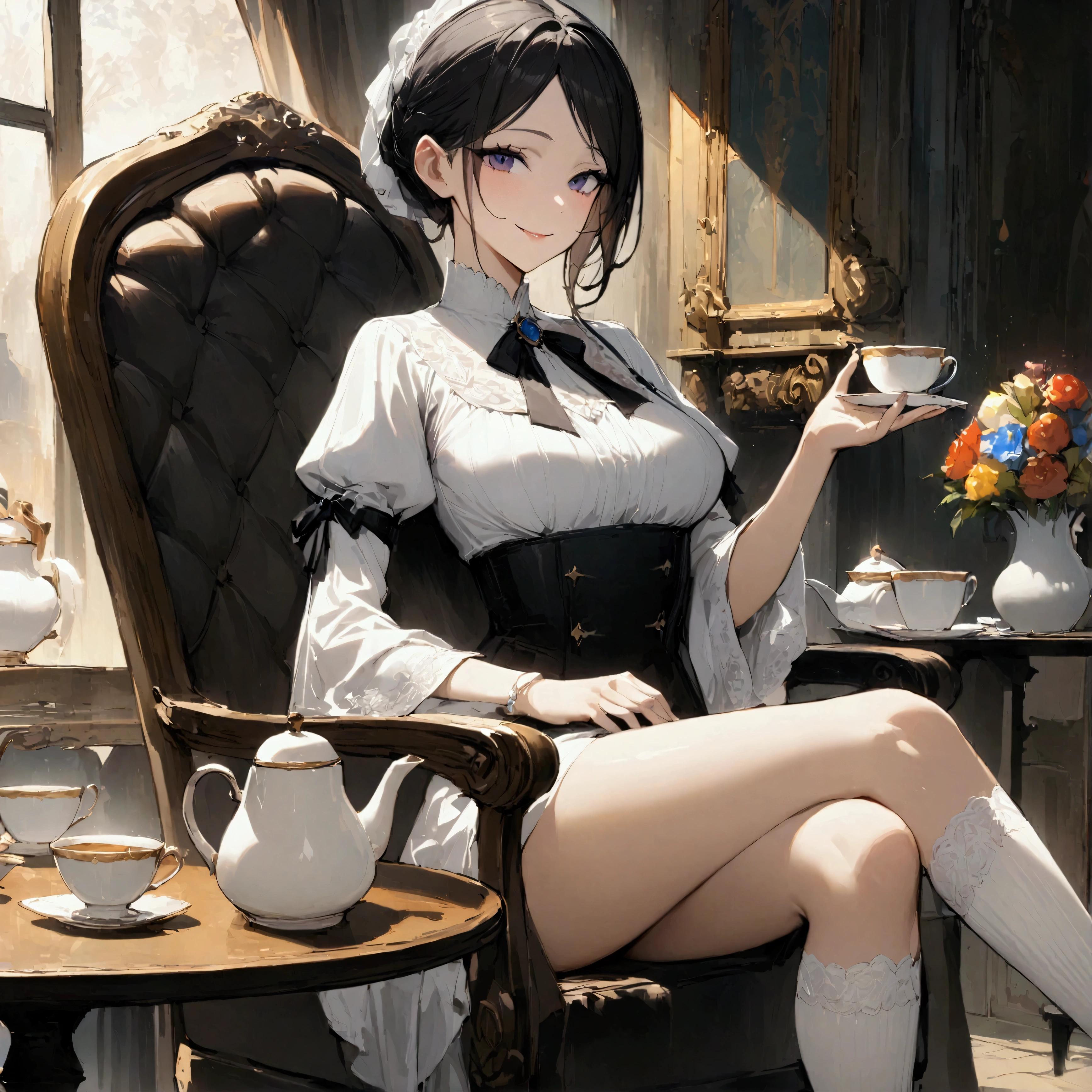 1girl ,{{　A woman spending tea time in elegance　}},Tall woman, Dynamic composition,{{Very Aesthetic}},{{masterpiece}}, {{{Highest quality}}},{{Very detailed}},slim body Blouse, miniskirt, see-through high socks, sitting on a chair, open terrace,hand,table ,ceramic teapot on the table ,ceramic teacups on the table,looking at viewer,smile small and kindly,Close-up of teacup