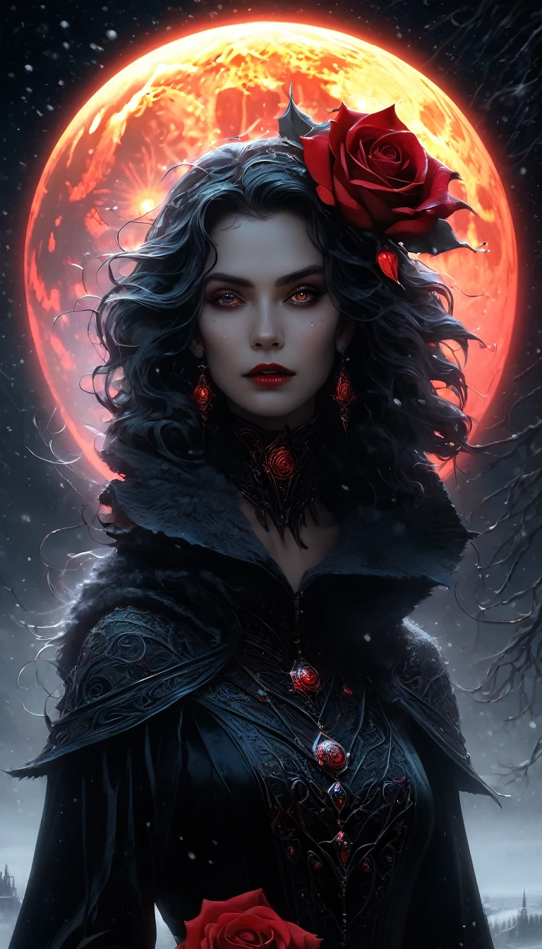 beautiful body, octane render, cinematic, ultra-high-detail, cinematic, 32k, process colors, winter, snowfall, luminous, detailed oil painting by Dorian Vallejo, Damian Lehoshest, Todd Lockwood, cgsociety, storybook illustration, scary scary face, highly detailed skin, intricately ornate, filigree detailed glowing unusual gentle fog, drops of color, very large moon, moonlight, stars, night. detailed sky with clouds, highly detailed, intricate, intricate pose, oil painting, thick strokes, masterpiece, high quality, Van Gogh starry sky, centered, perfect composition, Red rose, velvet red petals, water drops on petals, carved petals, luminous flower, light good fairy, spectacular lighting, glitter, sun rays. smoke, glitter, stained glass, sci-fi, complex art masterpiece, sinister, matte film poster, golden ratio, trending on cgsociety, complex, epic, trending on artstation, by artgerm, H. R. Giger and Beksinsky, highly detailed, vivid, cinematic character drawing, super high quality model