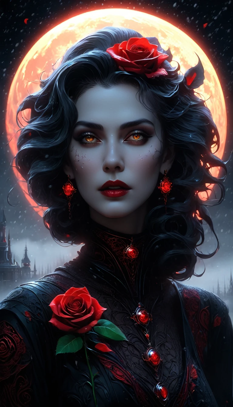 beautiful body, octane render, cinematic, ultra-high-detail, cinematic, 32k, process colors, winter, snowfall, luminous, detailed oil painting by Dorian Vallejo, Damian Lehoshest, Todd Lockwood, cgsociety, storybook illustration, scary scary face, highly detailed skin, intricately ornate, filigree detailed glowing unusual gentle fog, drops of color, very large moon, moonlight, stars, night. detailed sky with clouds, highly detailed, intricate, intricate pose, oil painting, thick strokes, masterpiece, high quality, Van Gogh starry sky, centered, perfect composition, Red rose, velvet red petals, water drops on petals, carved petals, luminous flower, light good fairy, spectacular lighting, glitter, sun rays. smoke, glitter, stained glass, sci-fi, complex art masterpiece, sinister, matte film poster, golden ratio, trending on cgsociety, complex, epic, trending on artstation, by artgerm, H. R. Giger and Beksinsky, highly detailed, vivid, cinematic character drawing, super high quality model