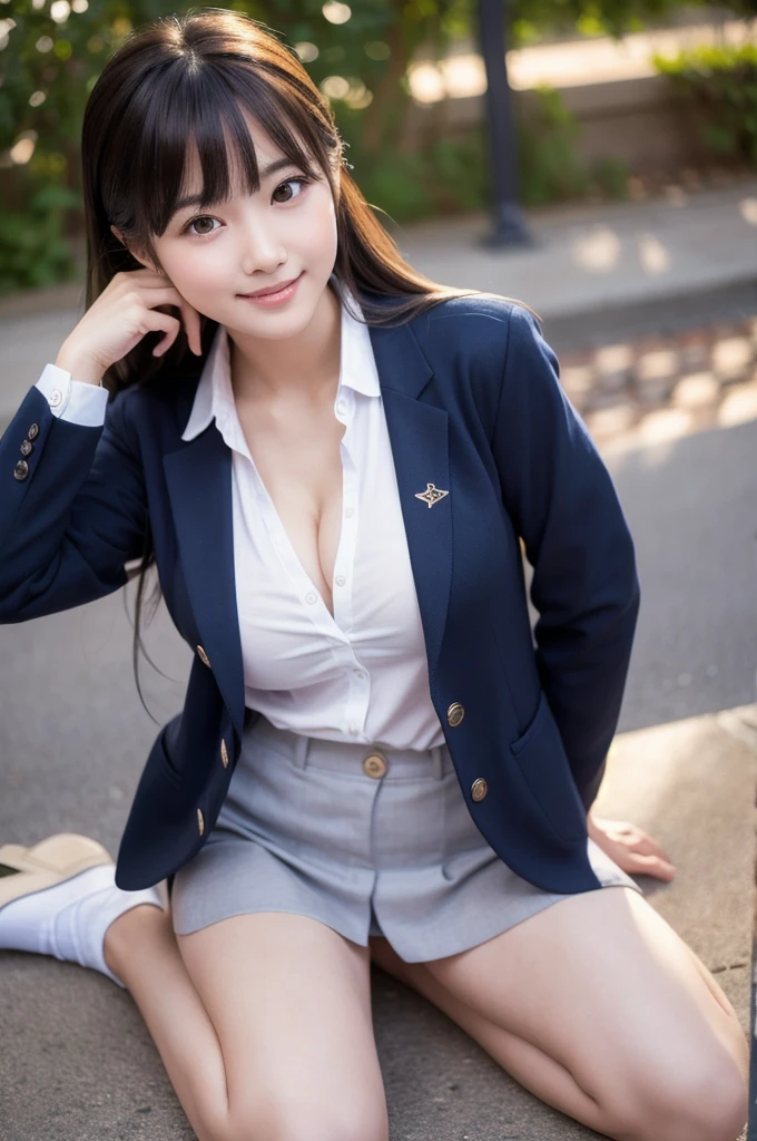 Ultra-high resolution，RAW Photos，Highly detailed skin and face，Highly detailed hair texture，Fine skin，Highly detailed eyes，Highly detailed lips，(((Sitting on a bicycle saddle)))，Japanese girl，18-year-old，((Raise one leg))，(Blue Blazer Uniform+Blue pleated mini skirt+White thigh-high stockings+White shirt），Sexy panties visible，(((Panty shot)))，Quite large breastodel Body Type，Perfect proportions，Looking shyly at the camera，A kind smile，Heal facial expressions，cute，Beautiful girl with a neat face，High-quality portraits，Professional Lighting，16K quality