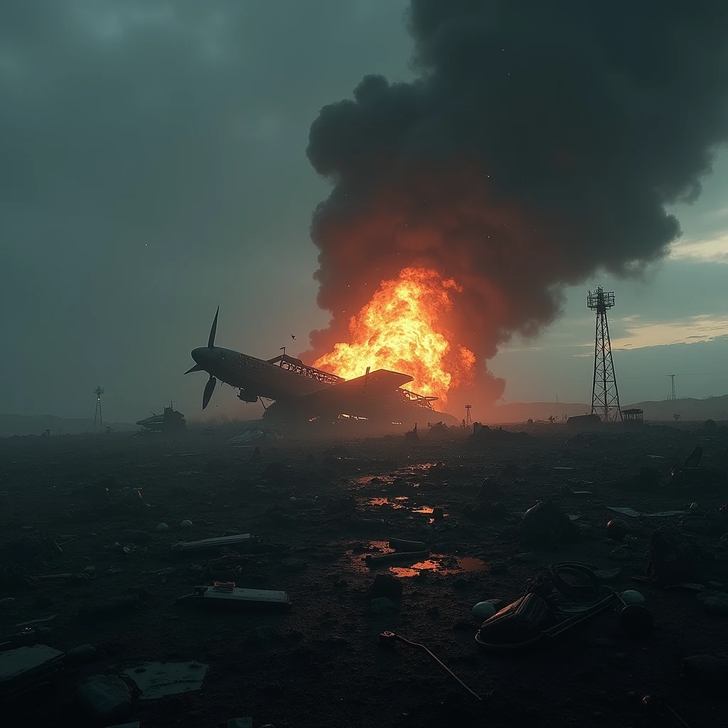 Plane explosion on the hill, with debris scattered and thick smoke rising into the sky. The scene is dominated by total destruction, with a sense of desolation and terror. (extremely detailed CG unit 8K wallpaper, Artwork, best quality, ultra-detailed, hdr:1.2, dark and terrifying atmosphere, eerie lighting, horror vibes)