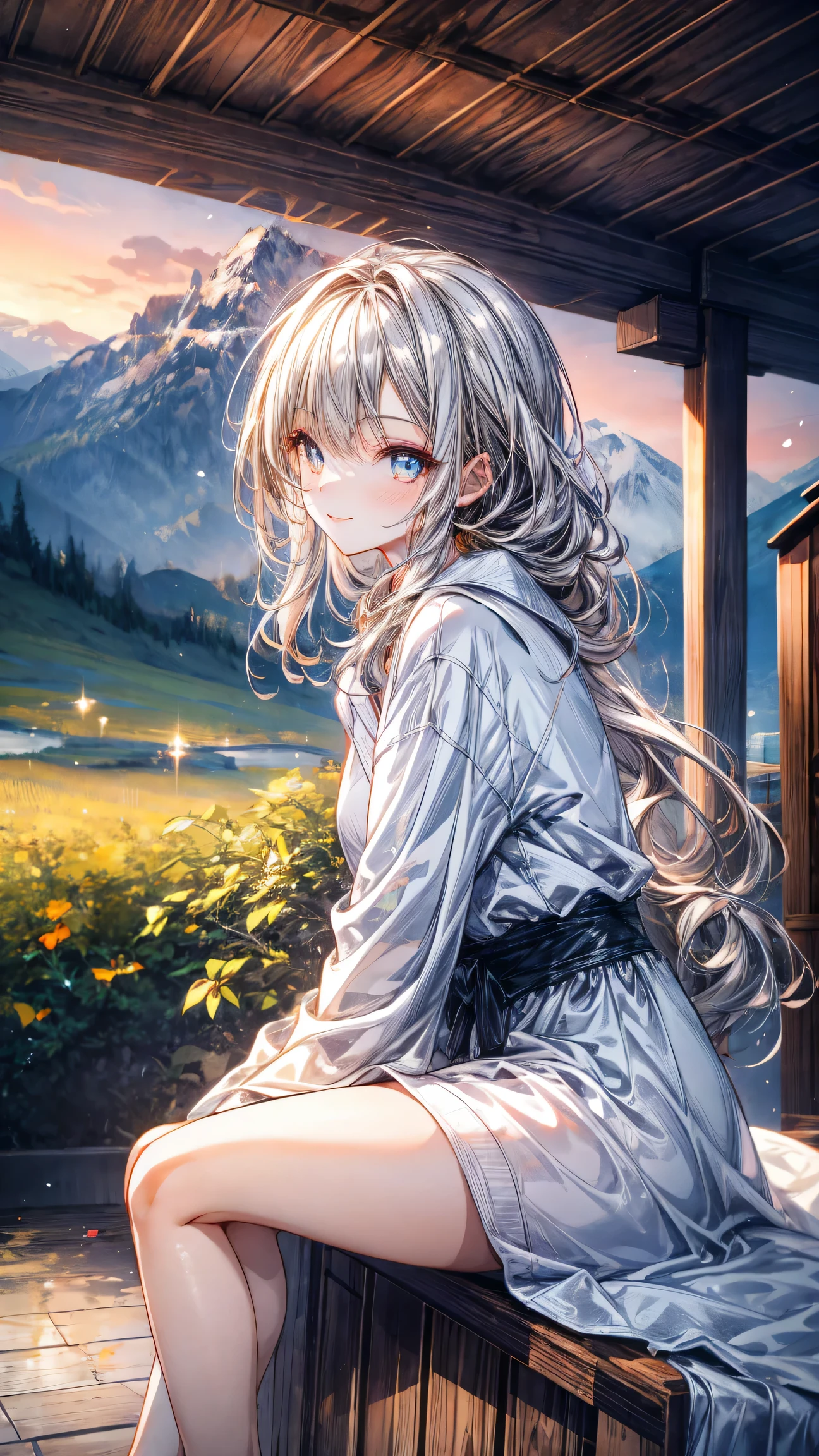 1 woman, 20s, small underbust, exposing, solo, (background: plain, distant mountains, summer, dusk, low orange light, exterior) beautiful silver hair, long hairstyle, soft curly hair, sitting with knees up, sitting with knees up, side view, country road at dusk ((masterpiece), (very detailed CG unity 8K wallpaper), top quality, film lighting, detailed background, beautifully detailed eyes, bright eyes, (very elegant and beautiful), (depiction of beautifully detailed eyes), super detailed, masterpiece,)), turning to face viewer, smiling, high resolution, super detailed), (wearing: beautiful long bathrobe, bare feet)