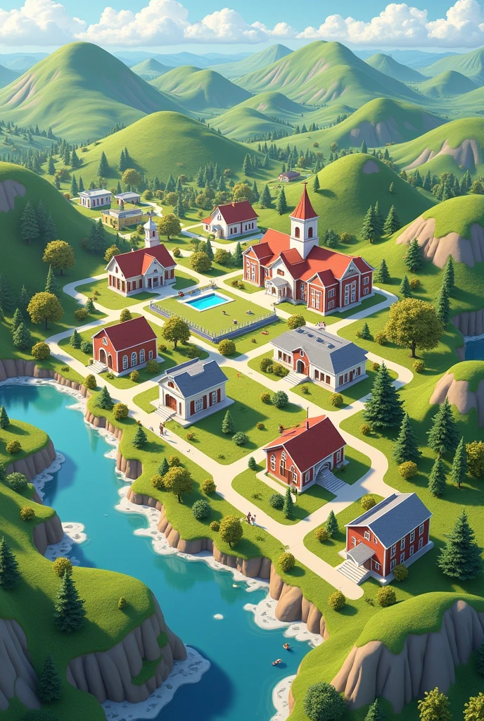geographical representation of ideal community with school church hospital etc make it look like a map and recognizable what exactly look like with label
