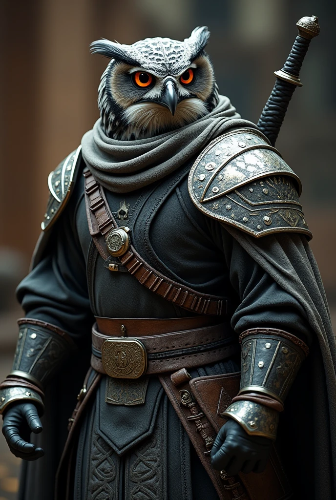 The image shows an owl dressed as an Arab warrior., (((Wearing an Arab fighter helmet))), ((( And in his hand the Damascus sword))), Facing right with head tilted slightly upwards. He wears detailed armor resembling traditional Arab armor., Complete with intricate designs and patterns.. The shields are primarily black with silver accents., Adding visual depth., His eyes focused on something in the distance.. Sheathed sword on the back of the owl, indicating readiness for battle or a celebratory posture., Create a dramatic and intense atmosphere., Retina, precise, Masterpiece, Superior detail, High detail, Best quality, Award winning, High accuracy, High resolution, 4K, 8 k, 16 kg, Retina, precise, Masterpiece, Anatomically correct, Textured leather, Superior detail, High quality, Award winning, High accuracy, 8 k, 16 kg