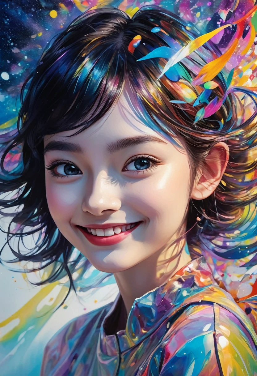fusion of acrylic and collage paintings, high and fine artwork, cute teen, smile, background another dimension, another space, shadows, contrast, conceptual installation art, (ultra detailed, absolutely resolution, best quality:1.3), 2.5D, delicate and dynamic effects, iridescent effects, artistic photography, hyper realistic, graphic CG digital art