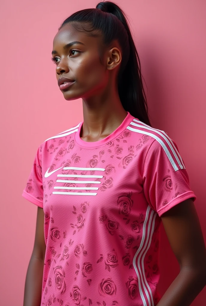 Pink football team shirt with 8 white lines on the front and a rose pattern.
