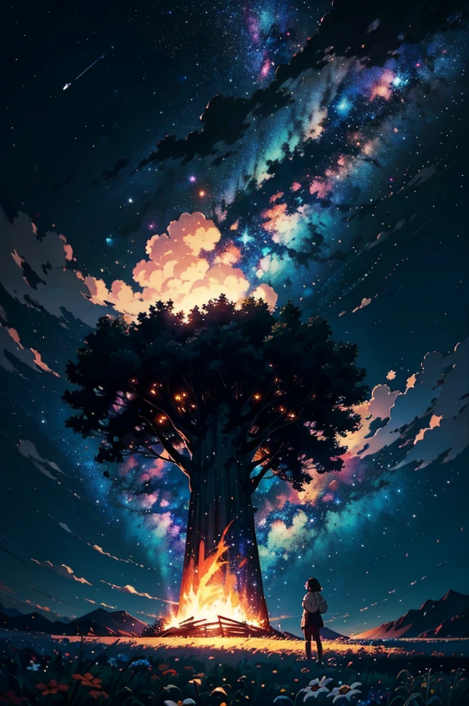 Makoto Shinkai, Vast landscape photography , (View from below,Shows the sky above and the open space below), A girl standing in a flower field looking up, ( meteor:0.9), (Star Cloud:1.3), Fir Mountain, Treebreak Production Art, (Stars Night Sky:1.2), (fire Fly:1.2), Starry Sky