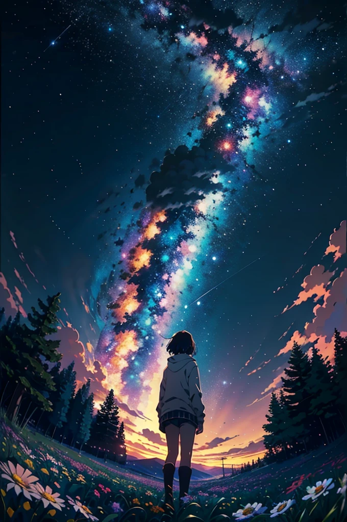 Makoto Shinkai, Vast landscape photography , (View from below,Shows the sky above and the open space below), A girl standing in a flower field looking up, ( meteor:0.9), (Star Cloud:1.3), Fir Mountain, Treebreak Production Art, (Stars Night Sky:1.2), (fire Fly:1.2), Starry Sky