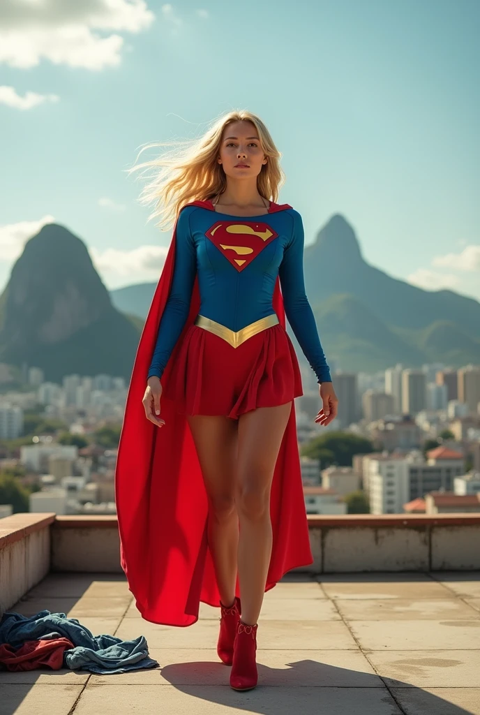 Paula Patton 2000s; Supergirl 1984s movie costume; saving the world; posição de levantar vôo; braços esticados para cima; taking off from a roof (worn clothes on the ground); floating towards the Rio de Janeiro sky; HD. Photograph, ((realism)), extremely high quality RAW photograph, ultra detailed photograph, sharp focus, high resolution, (detailed skin:1,3),high quality, film grain, Fujifilm XT3,Highly Detailed, movie, (Cinematic Photo:1.3) of (Realistic:1.3). Super breasts.