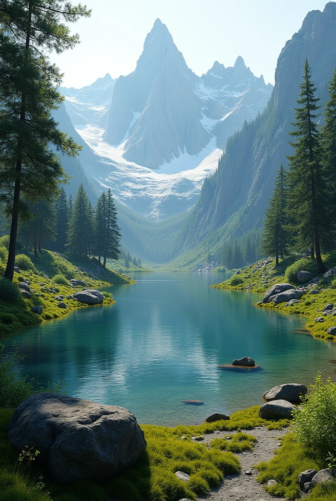 Lake in a hole surrounded by trees, mountains, rocks, grass, forest