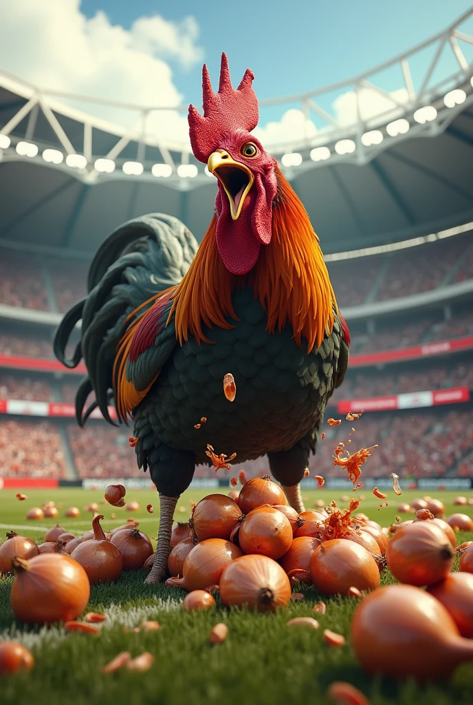Angry rooster destroying onions inside a football stadium.