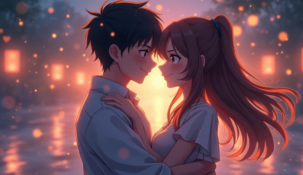 "Create an image of a anime boy holding a girl in a playful, flirtatious manner. The boy has a mischievous smile, while the girl looks confidently into his eyes, reflecting a daring attitude. The background is dreamy and slightly hazy, with hints of night-time ambiance. Capture a sense of teasing and romantic tension that aligns with the line 'You must be tired, because you've been running through my dirty thoughts all night.'"