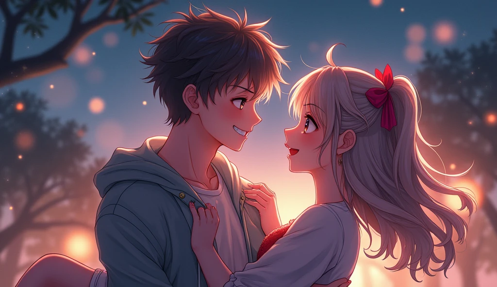 "Create an image of a anime boy holding a girl in a playful, flirtatious manner. The boy has a mischievous smile, while the girl looks confidently into his eyes, reflecting a daring attitude. The background is dreamy and slightly hazy, with hints of night-time ambiance. Capture a sense of teasing and romantic tension that aligns with the line 'You must be tired, because you've been running through my dirty thoughts all night.'"