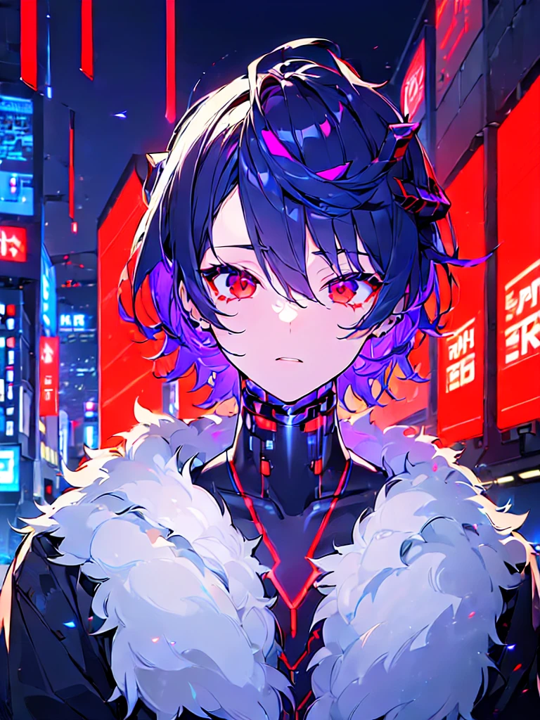 ((CYBER CITY BACKGROUND:1.5)), masterpiece, best quality, ultra detailed, exquisite, beautiful, highres, abyss, ((1 boy)), shota, oni, looking at viewer, men's short hair, hair covering eyes, black hair, red eyes, japanese clothes, with a scar, with horns, , outside, upper body,