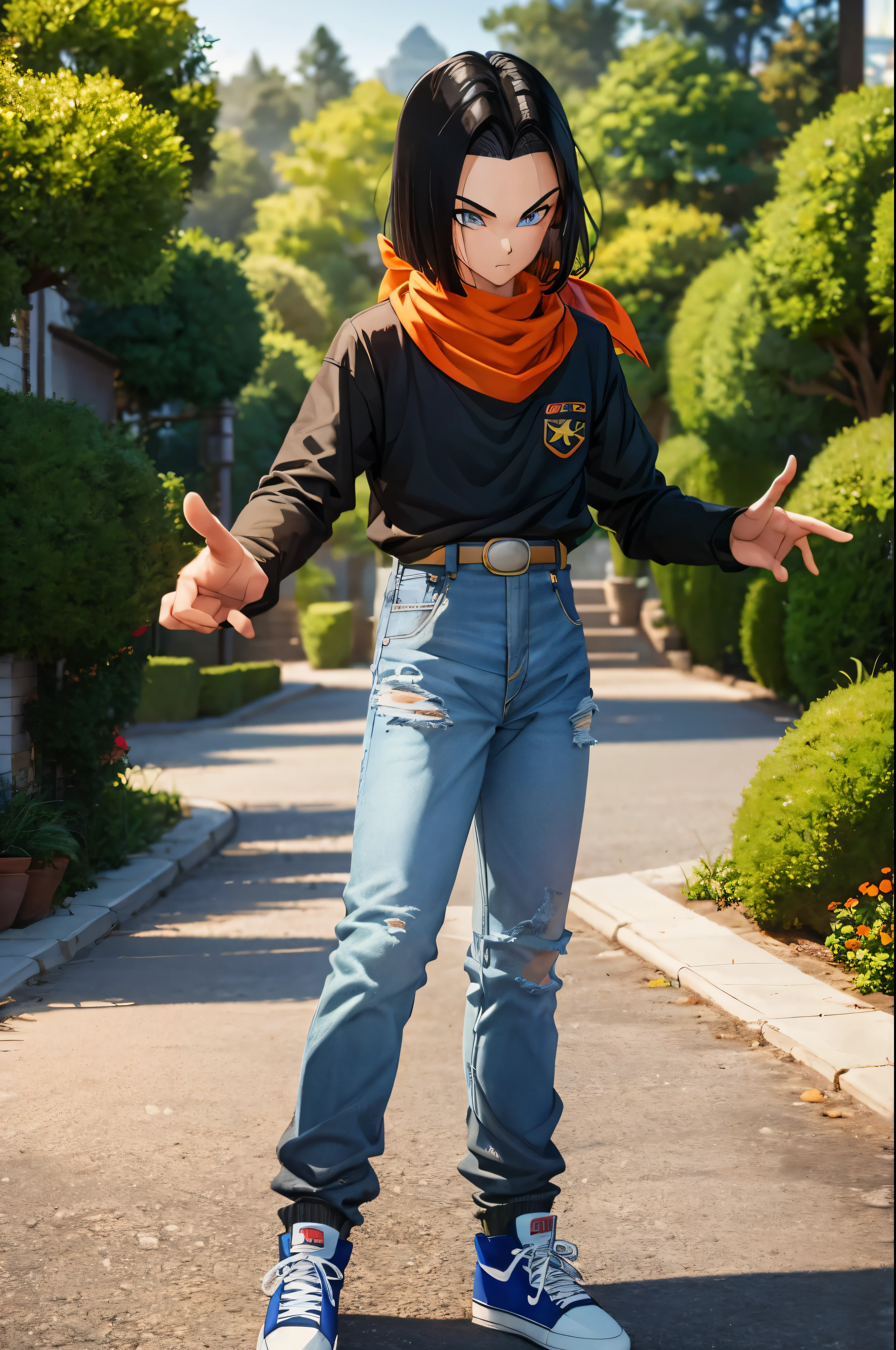 A masterpiece, best quality, detailed and expressive eyes, perfect facial features, high resolution, 1 boy, alone, android -inspired boy, (male body:1.3), blue eyes, black hair, parted hair, short hair, black shirt, jeans, layered shirt, white sleeves, orange bandana, blue sneakers, green socks, brown belt, red freckles, outdoor, landscape, standing, portrait, looking at viewer