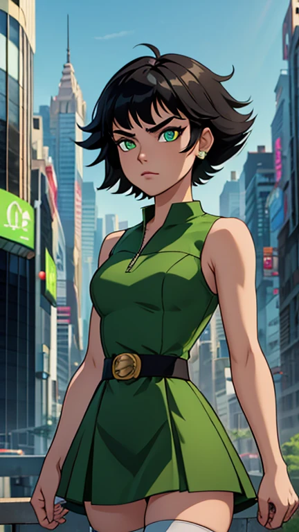 (Teens:1girl: Buttercup), (extremely detailed CG unit 8k wallpaper),(master part), (best quality), (ultra detail), (best illustration),(city-scene-aso), cowboy shot, (Sharp eyeliner, ombre, detailed eyes:1), cyberpunk city, outdoor, ,break , (TeenTitans)), upper body, black hair, green eyes, short hair, messy hair, dress, green sleeveless dress, simple black belt, white thighhighs