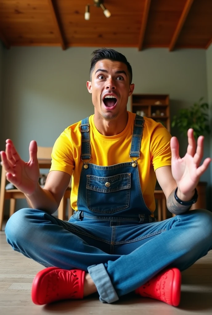 The photo shows Cristiano Ronaldo sitting in a living room, sitting on the floor with his arms extended forward. She is wearing a yellow T-shirt, blue denim overalls and red Crocs. His face is contorted with a shocked or surprised expression, his eyes are wide open and his mouth is slightly open. He has a tattoo on his left hand and a watch on his right wrist. The room has a wooden ceiling and a dining table and chairs in the background.