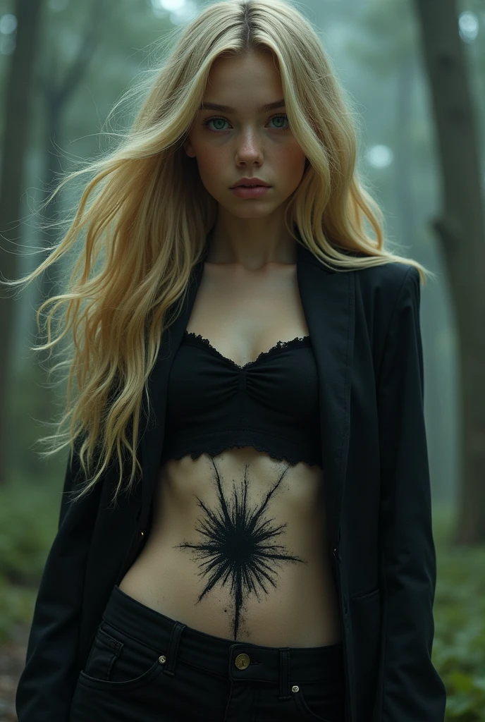 A beautiful girl with long blond hair and blue eyes. Dziewczyna ma czarne spodnie i top. The girl has a strange mark on her stomach, like some kind of pattern. It's and the wound is black.