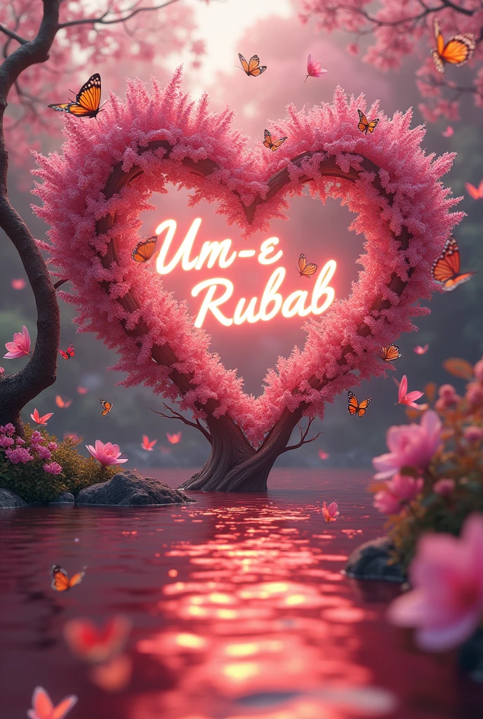 Create an image with "butterflies" with "hummingbirds" with a fuchsia color and animated red sea that has a small image and that has a A in the middle of the hummingbirds with an image of the same size sea butterflies flying around a pink heart shaped tree with pink flowers, 🌺 cgsociety, beautiful composition 3 - d 4 k, beautiful digital art, beautiful digital artwork, beautiful gorgeous digital art, harmony of butterfly, very beautiful digital art, beautiful iphone wallpaper, flowers and butterflies, beautiful art uhd 4 k, 8k high quality detailed art, gorgeous digital art, write the name ,,Um-e-Rubab,, The name is prominently displayed in a striking font, adorned with a luxurious golden,red crown. A flowing feather gracefully follows behind, adding to the design's visual appeal. The name glows in vibrant colors such as silver, enhancing its breathtaking beauty.