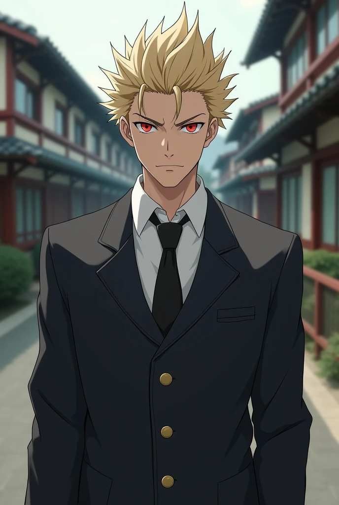 (photorealism:1.2) hot young man, no facial hair, asian, perfect face, pale skin, red eyes, hot, spiky hair, sandy blonde hair, angry expression, hot boy standing outside of Japanese school, boy in a Japanese high school uniform