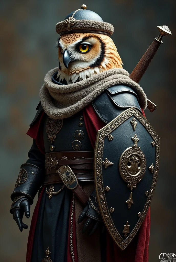 The image shows an owl dressed as an Arab warrior., (((Wearing the hat of an Arab fighter))), ((( And in his hand the Damascus sword))), Facing right with head tilted slightly upwards. He wears detailed armor resembling traditional Arab armor., Complete with intricate designs and patterns.. The shields are primarily black with silver accents., Adding visual depth., His eyes focused on something in the distance.. Sheathed sword on the back of the owl, indicating readiness for battle or a celebratory posture., Create a dramatic and intense atmosphere., Retina, precise, Masterpiece, Superior detail, High detail, Best quality, Award winning, High accuracy, High resolution, 4K, 8 k, 16 kg, Retina, precise, Masterpiece, Anatomically correct, Textured leather, Superior detail, High quality, Award winning, High accuracy, 8 k, 16 kg