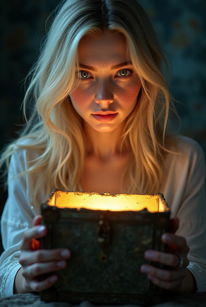 Young woman, blue eyes, blond hair, opening 
enigma mistery box