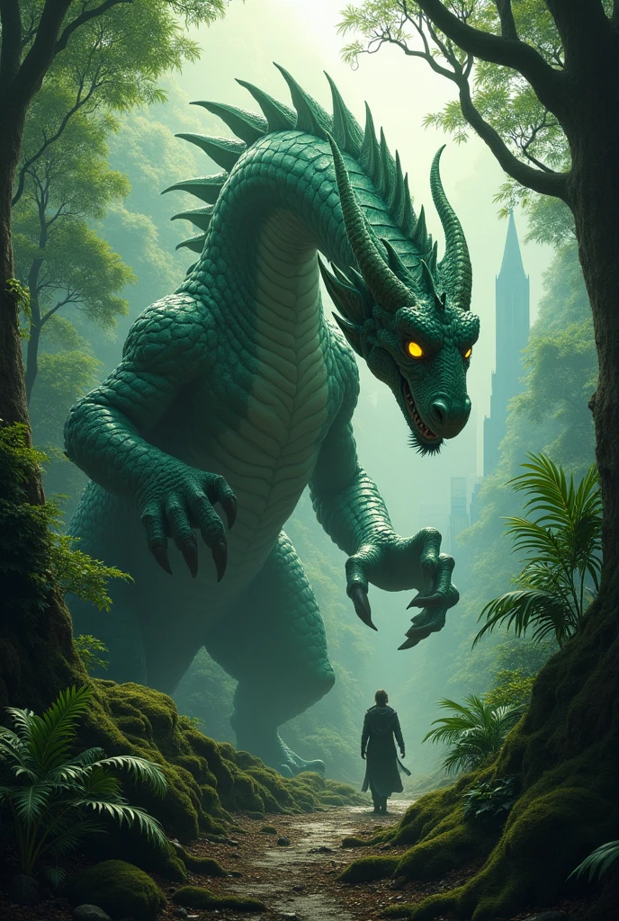 Drogan  in large jungle ans yellow eyes and green city and dark mode 