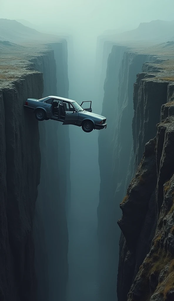 Help me with an image of a car with the doors open in perspective looking at a ravine