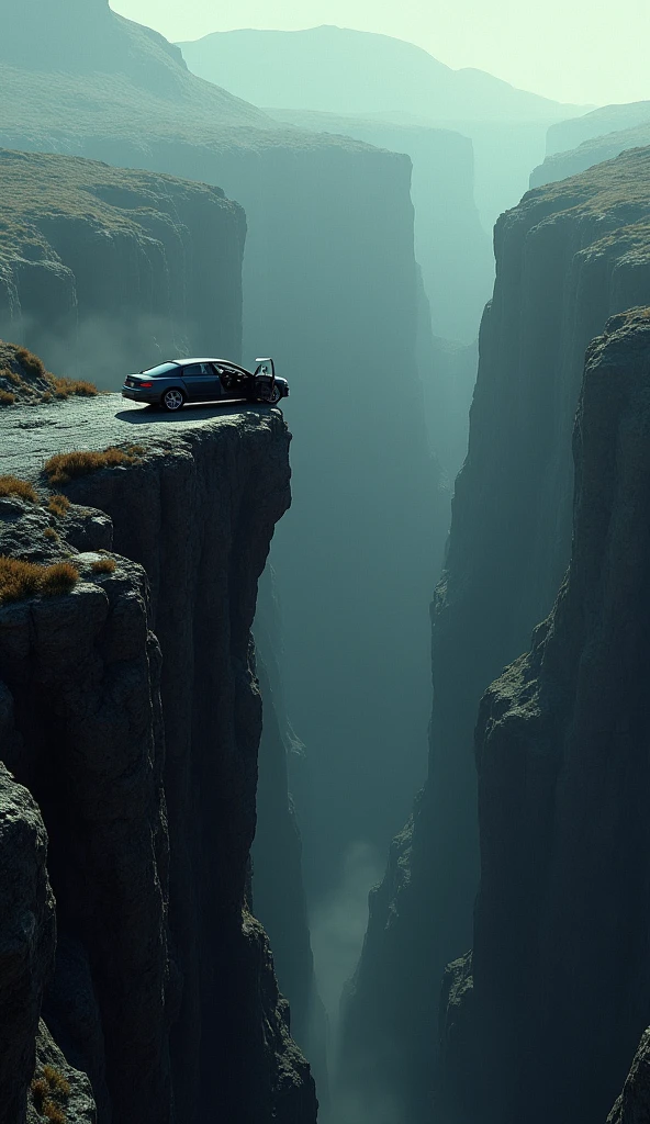 Help me with an image of a car with the doors open in perspective looking at a ravine