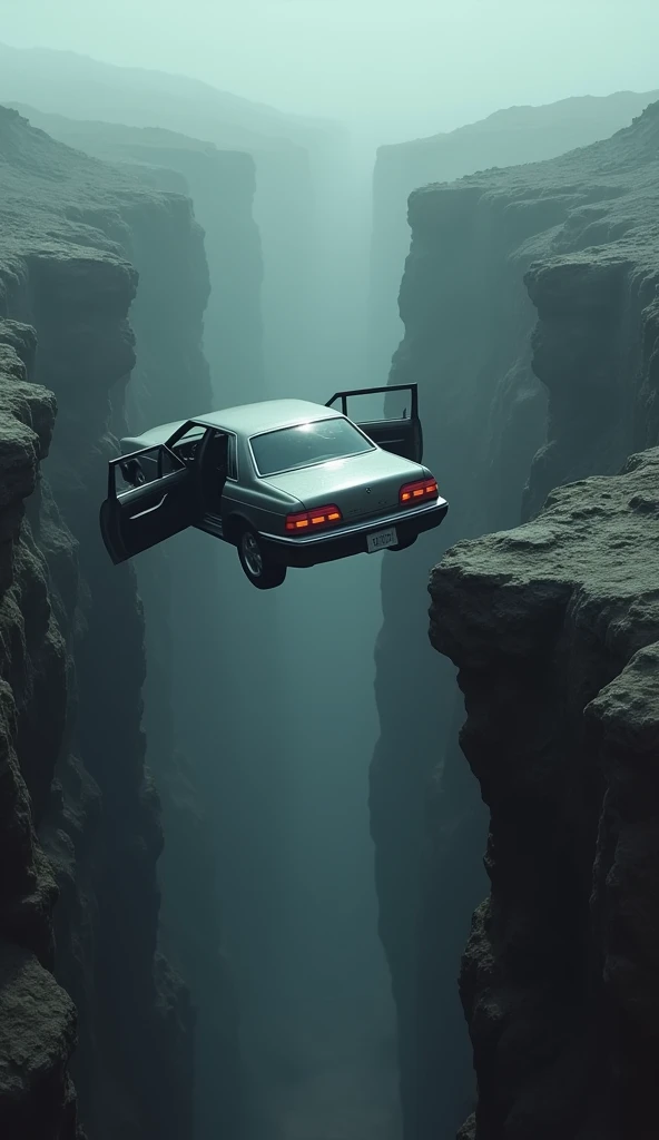 Help me with an image of a car with the doors open in perspective looking at a ravine