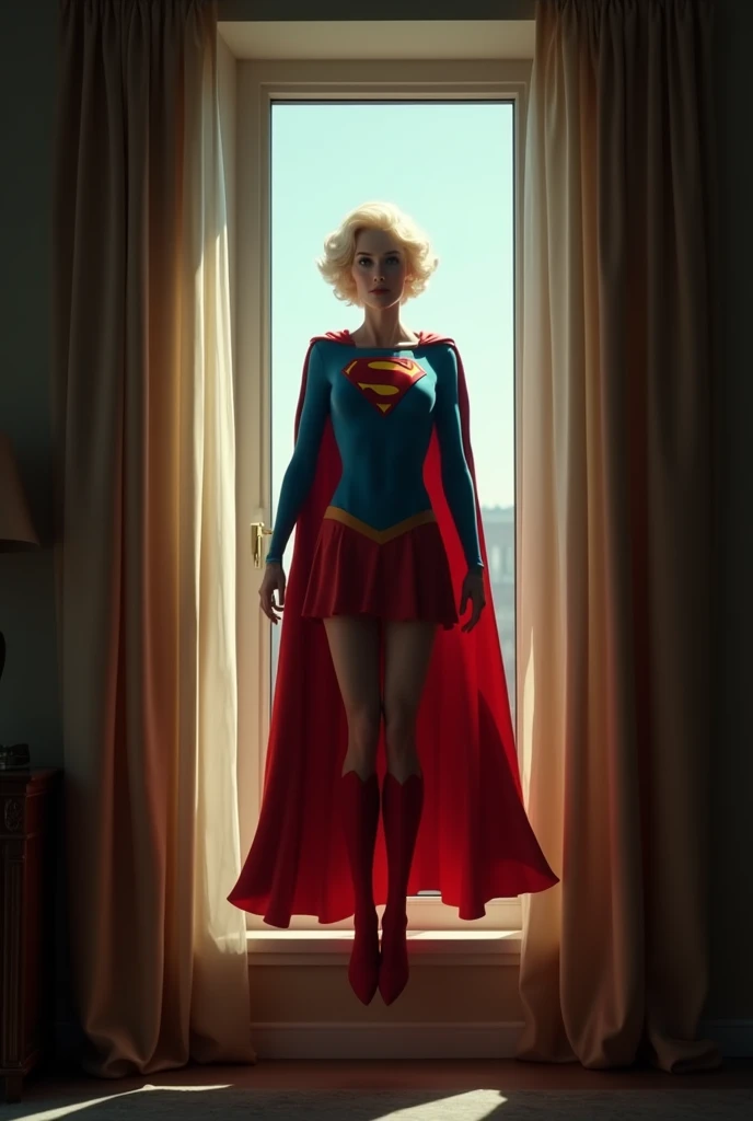 (((very beautiful old Supergirl (((1984s Supergirl movie costume))) Julie Hagerty))) Super oldwoman ; confident, powerful, indestructible, attractive; big and firm chest; strong breasts; flying in through the window and landing delicately inside an apartment; floating outside a window; straight body; view from inside to outside, full body fluttering curtains, night, cinematic lighting, dramatic pose, beautiful detailed eyes, beautiful detailed lips, extremely detailed face and features, elegant, graceful, flowing cape, vibrant colors, hyperrealistic, 8k, high quality, intricate details, photorealistic, masterpiece