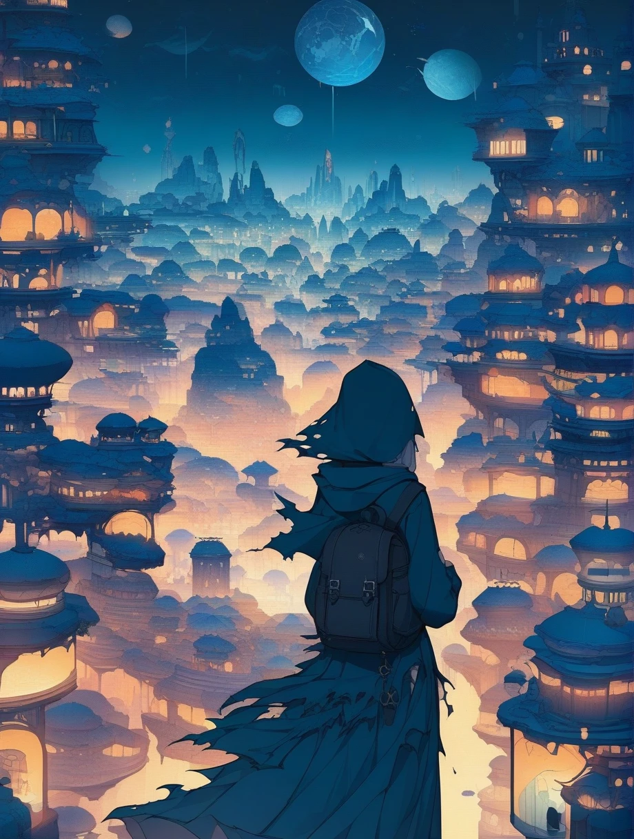 score_9, score_8_wonderful, score_7_wonderful, score_anime, masterpiece, Highest quality, Delicate illustrations, Sharp lines, Sharp focus, break, a traveling girl wandering in the endless night world, The girl is wearing a hood、There are a lot of things in the backpack。, night , wonderful風景, Beautiful views, Harmony with Nature, wonderful景色, Space City, (((Torn clothes))), (((Torn hood))),Long skirt,((Torn Skirt))
