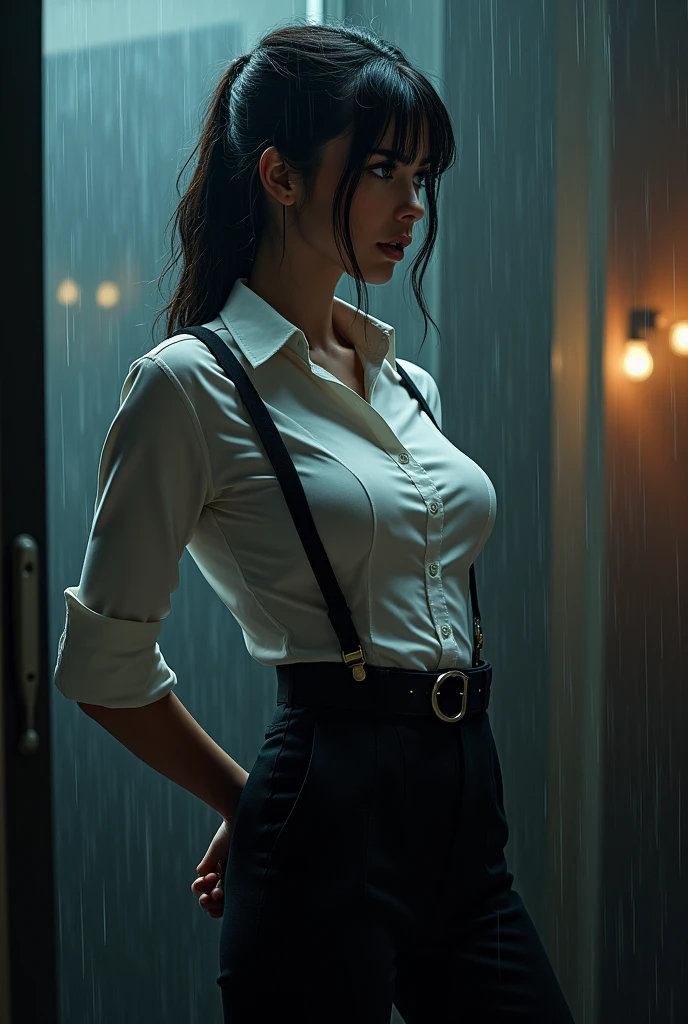 a woman in a suit, belt, hands behind back, sweating, suspenders, black pants, sexly, large breasts, see-through clothing, rain, detective, office worker, white button-up shirt, (best quality,4K,8k,highres,masterpiece:1.2),ultra-detailed,(realistic,photorealistic,photo-realistic:1.37),hyper-detailed,highly detailed face and body, Slender thin suspenders Moderate breasts See-through shirt Nipples holster chain Pistol Armament criminal Female criminal knife japanese profile Japanese women arrested handcuff